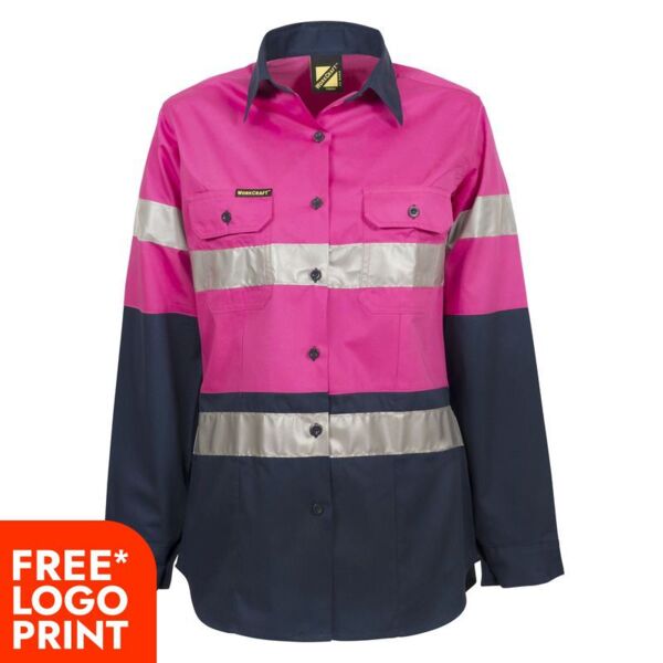 Womens Hi Vis Vented Cotton Drill Shirt CSR Reflective Tape Thumbnail