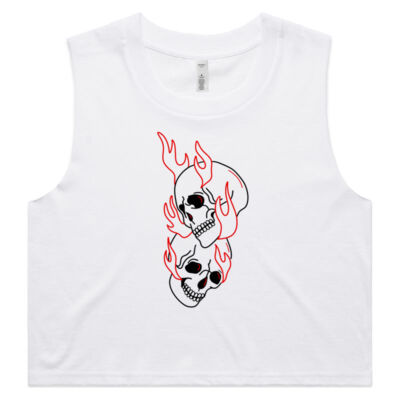 Flaming Skulls Cropped Tank - White Thumbnail