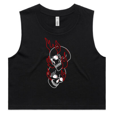 Flaming Skulls Cropped Tank - Black Thumbnail